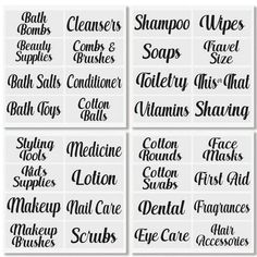 six different types of labels for soaps and lotions, all in black ink