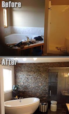 before and after pictures of a bathroom remodel with stone wall, bathtub, sink and shower