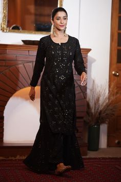 Black mukaish kurta with thread and mirror embroidery. Paired with coordinating gharara and chiffon dupatta. - Aza Fashions Designer Sharara With Mirror Work For Eid, Designer Mirror Work Sharara For Eid, Designer Eid Sharara With Mirror Work, Designer Straight Kurta Sharara With Dabka Work, Designer Sharara With Dabka Work And Straight Kurta, Designer Wear Sharara With Straight Kurta And Dabka Work, Semi-stitched Sharara With Mirror Work For Festive Occasions, Eid Sharara With Mirror Work In Chinon, Festive Georgette Sharara With Mirror Work