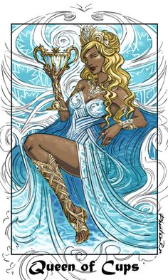 the queen of cups tarot card with an image of a woman holding a cup