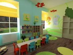 a child's playroom with tables and chairs