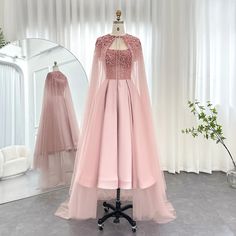 Luxury Dubai Blush Pink Evening Dress with Cape 2023 Ankle Length Short Midi Women Wedding Party Dress – DreamyVow Arabic Evening Dress, Evening Dress With Cape, Pretty Gowns, Dress With Cape, Dress Book, Hacks Clothes, Short Gowns, Wedding Party Dress, Stylish Party