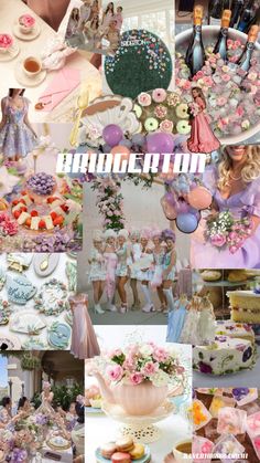 a collage of photos with various cakes and cupcakes on them, including an image of a tea party