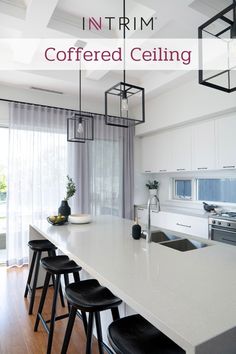 This white-on-white Modern Hamptons styled home is anything but boring with Intrim Mouldings. CM20 cornice mould was used to create the coffered ceiling look in the kitchen.