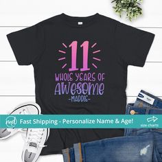 Kids Black Tshirt BIR-093: Adult Large, Add A Tutu: Yes, Teen Black Teen Black, Eleventh Birthday, Birthday Girl Shirt, 11th Birthday, Girl Shirt, Kids Black, Girls Black, Birthday Shirt, Birthday Girl