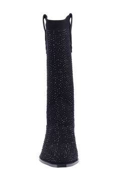 Sparkling rhinestone embellishments add glamorous appeal to a Western-inspired boot balanced by a pointy toe and stacked block heel. 2" heel 11 1/2" shaft; 15" calf circumference Pull-on style Memory foam cushioning Textile upper and lining/synthetic sole Imported Elegant Knee-high Boots With Rhinestones, Elegant Sparkling Boots For Fall, Winter Formal Embellished Boots, Snip Toe Heeled Boots With Stacked Heel For Party, Party Heeled Boots With Stacked Heel And Snip Toe, Chic Embellished Boots With Block Heel, Elegant Embellished Snip Toe Boots, Elegant Knee-high Rhinestone Boots, Elegant Embellished Block Heel Boots