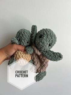 two crocheted stuffed animals being held by someone's hand with the text crochet pattern