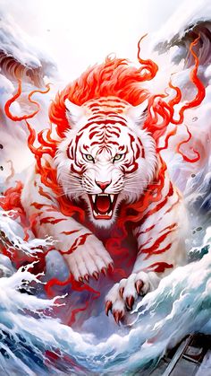 a white tiger with red hair on it's head and claws in the water