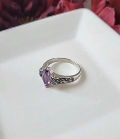 Amethyst Engagement Ring Sterling Silver Art Deco Purple Amethyst Marquise Marcasite Ring Colorful Unique Engagement Ring - Etsy Lavender Crystal Ring With Accent Stones For Gift, Marquise Amethyst Ring Gift, Marquise Amethyst Ring As Gift, Marquise Amethyst Ring Gemstone Gift, Gift Marquise Amethyst Ring, Classic Purple Ring As Gift, Classic Purple Rings As Gift, Marquise Amethyst Jewelry Gift, Marquise Amethyst Ring With Accent Stones For Gift