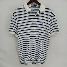 Polo Ralph Lauren Blue White Stripe Mens Sz M GUC. see photos, measurements included. Small stain on front, hole in back Striped Polo Shirt, Ralph Lauren Blue, Polo Ralph, White Stripe, Mens Polo, Men's Polo Shirt, Blue White, Polo Ralph Lauren, Polo Shirt