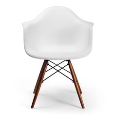 a white plastic chair with wooden legs