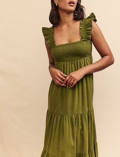 Khaki Green, Linen Blend, Midi Dress, Maxi Dress, Green, Dresses