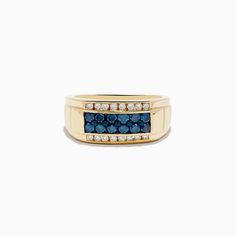 Effy Men's 14K Yellow Gold Blue and White Diamond Ring Blue 14k Gold Ring Stamped 14k, Formal Blue 14k Gold Signet Ring, Blue Diamond Ring With 14k Gold Accents, 14k Gold Blue Diamond Ring, Blue 14k Stamped Signet Ring For Formal Occasions, 14k Gold Blue Ring With Diamond Accents, Blue 14k Gold Signet Ring Fine Jewelry, Blue Diamond Signet Ring With Polished Finish, Blue 14k Stamped Signet Ring