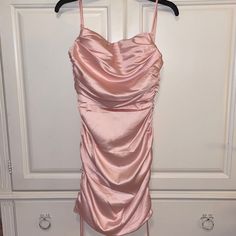 Never Worn Size Xs Formal Satin Light Pink Dress Built In Bra Comes With Ties On The Bottom Pearl Pink Dress, 8th Grade Graduation Dresses, Hoco 2024, Sateen Dress, Formal Dance, Light Pink Dress, Pearl Pink, Dress Inspo, Fashion Nova Dress