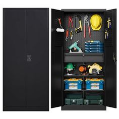 a black storage cabinet with tools in it