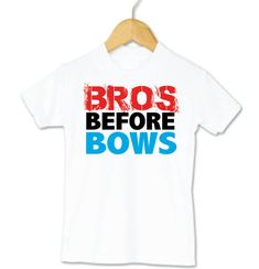 a white baby bodysuit with the words bros before bows on it's chest