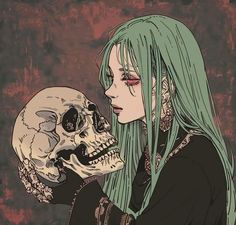 a girl with green hair holding a skull