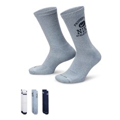 For sports or everyday living, the Nike 3 Pack Unisex Everyday Cushioned Crew Socks will keep your feet comfortable and dry! These feature added cushioning for support where your dogs need it most. Plus, you'll receive three pairs, so they're an excellent way to add to your sock drawer. 3 pairs. Crew-cut. Has athletic style. Features the Nike Swoosh with company name. Three different colors. Reinforced toe. Sell Shoes, Sock Drawer, Crew Cut, Athletic Style, Crew Cuts, Nike Swoosh, Athletic Fashion, Crew Socks, Phone Numbers