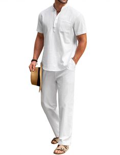 PRICES MAY VARY. 【Premium Cotton Fabric】-- Men's 2 piece cotton linen set are made of great fabric, lightweight, breathable and soft touch, moisture-wicking. This beach linen outfits signals the start of holiday! Make sure add this linen 2 piece outfits to your wardrobe for summer look. 【Casual 2 Piece Outfits】-- Men's henley shirts featuring with stand collar, button closure, short sleeve with chest pocket, simple style, solid color, slim fit, rounded hem. The loose fit beach pants features ela Men’s European Summer Outfit, Linen Wedding Outfit, Beach Linen Outfit, Linen Outfit Men, Summer Outfits Men Beach, White Linen Outfit, Mens Linen Outfits, Linen Outfits, Linen Pants Outfit