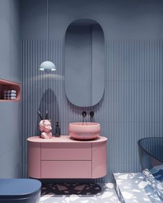 a bathroom with a pink vanity and mirror