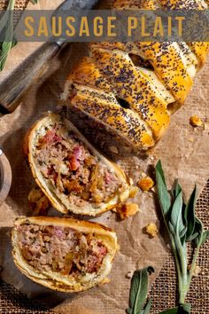 Sausage plait with two slices sliced from it on a sheet of brown paper. Sausage Plait, British Sausage, Caramelised Onions, Sausage Rolls, Smoked Bacon, European Food, Fun Dinners, Authentic Recipes