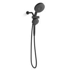 a black shower head and handset with thermostaer on an isolated white background