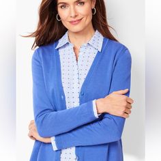 A Timeless Classic Revamped With A Feminine V-Neck And A Figure-Flattering Curved Hem. Our Girlfriend Cardigan Is A Wardrobe Staple And A Must-Have In Every Color! Missy: 27.5", Petite: 26.5", Plus: 29.5", Plus Petite 28" Neckline: V-Neck Sleeve Length: Long Hits: Below Hip Length Imported 60% Cotton, 40% Rayon Blue V-neck Cardigan, Blue Button-up Cardigan For Layering, Elegant Blue V-neck Cardigan, Blue V-neck Cardigan For Daywear, Blue Winter Tops For Daywear, Blue Winter Daywear Top, Talbots Sweater, Every Color, Timeless Classic