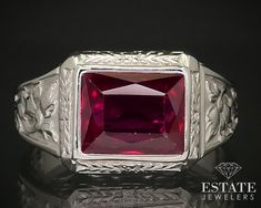 Handsome early 1900's mens band ring with a 9mm by 7mm lab ruby bezel set which is common for this era of jewelry. Carved floral designs into the setting. Stamped 14k. SIZE-10.5 Formal Hallmarked Ruby Ring In Platinum, Formal Hallmarked Platinum Ruby Ring, Classic Silver Gia Certified Ruby Ring, Classic Ruby Ring With Polished Finish For Collectors, Vintage Gia Certified Ruby Ring For Formal Occasions, Classic White Gold Ruby Ring With Polished Finish, Formal Engraved Ring With Maker's Mark, Classic Gia Certified Signet Ring For Formal Occasions, Classic Wedding Signet Ring Gia Certified