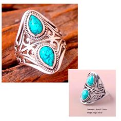 Retro Ring With Turquoise Gemstone & Silver Adjustable Turquoise Ring With Stone Setting, Turquoise Ring With Stone Setting In Silver, Handmade Turquoise Teardrop Ring, Handmade Blue Turquoise Teardrop Ring, Handmade Teardrop Turquoise Ring, Southwestern Teardrop Blue Rings, Southwestern Blue Teardrop Ring, Bohemian Silver Turquoise Ring With Stone Setting, Silver Bohemian Turquoise Ring With Stone Setting