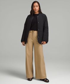 Workdays Or Weekends. Inspired By Jeans, These Five-Pocket Pants Have An Extra-Wide Leg And A Sleek Feel Next To Skin. Designed For Casual. 32" Inseam, Intended To Skim The Floor For Heights Of 55"-58". Five Pockets: Two Back, Two Front, One Coin. Fly Front. | City Sleek Utilitech Extra-Wide-Leg Pant Regular Lululemon City Sleek Pant, Extra Wide Leg Pants, Tan Pants, One Coin, Dress Bra, Short Coat Jackets, Pocket Pants, Business Casual Outfits, Women's Pants