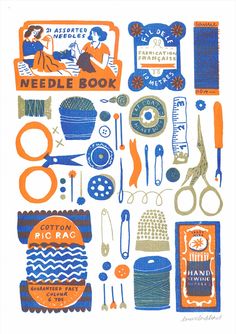 an illustrated book with various sewing supplies