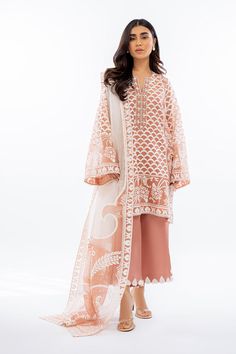 Isha (A) Pink Georgette Lawn Suit With Floral Embroidery, Elegant Peach Unstitched Suit With Dupatta, Peach Kurta With Sheer Dupatta For Eid, Pink Georgette Lawn Suit With Chikankari Embroidery, Pink Unstitched Organza Suit With Intricate Embroidery, Pink Chanderi Lawn Suit With Intricate Embroidery, Pink Lawn Suit With Intricate Embroidery, Pink Organza Kurta With Sheer Dupatta, Traditional Pink Organza Lawn Suit