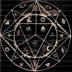 a pentagramus circle with zodiac signs and symbols in white ink on black paper