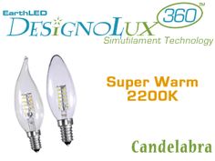 two light bulbs with the words super warm 2400k and candlelabra