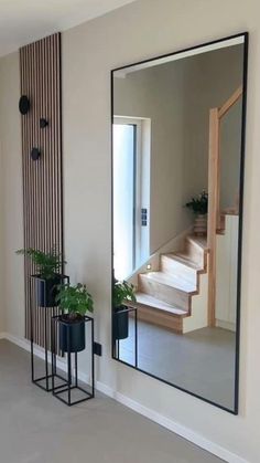 a mirror sitting on the side of a wall next to potted plants and a planter