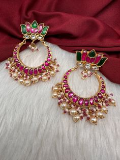 Lotus Jadau Kundan Big Chandbali Earrings Diwali Chandbali Jeweled Earrings, Red Jeweled Chandbali Earrings, Chandbali Jeweled Earrings For Gifts, Red Kundan Jeweled Earrings, Red Jeweled Kundan Earrings, Jeweled Chandbali Earrings As Gift, Jeweled Chandbali Earrings For Gifts, Round Earrings With Stone Setting For Festivals, Round Stone Setting Earrings For Festivals