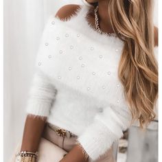 Solid Color Women'S Long Sleeve White Beaded Sweater sold by Womens Style. Shop more products from Womens Style on Storenvy, the home of independent small businesses all over the world. Cheap Sweaters Online, Womens White Sweater, Dressy Sweaters, Chiffon Maxi Skirt, Stylish Fall Outfits, Sweaters Women, Beaded Sweater, Dress Sleeve Length, Solid Color Shirt