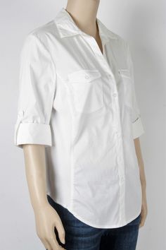 Great Pre-owned Condition (Minor signs of wear-minor fading) Size: Small Color: White Button Up Stretchy Side Panels Half Length Sleeves with Button Up Cuffs 97% Cotton, 3% Spandex Please Note: Accessories are not included. Thrift Boutique, Design Tech, Jeans Outfits, White Button Up, Online Thrift, Tech Design, Work Shirts, Side Panels, White Shirt