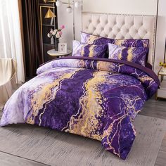 PRICES MAY VARY. California king comforter bedding sets 6 pieces include: 1 Comforter: 104"x96", 1 Fitted Sheet:84"x72"+16", 1 Flat Sheet: 108"x102", 2 Envelope Pillowcases: 20"x36", 1 Body Pillow Cover 20"x54", perfect for a cal king size bed. Practical Detail Design: The purple comforter sets with 3D print watercolor marble pattern design，just like burning mountain,make your bedroom look full of design and luxury.Reactive printing technology keep the fade resistant.All pieces of bedding set co Purple Comforter Set, Purple Comforter, Marble Pattern Design, Watercolor Marble, Tie Dye Bedding, Purple Queen, Full Comforter Sets, King Size Comforter Sets, Colorful Comforter