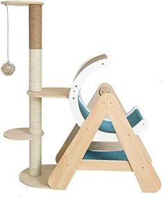 the cat tree is made from wood and has two scratching posts