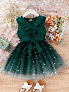 Dark Green Cute Collar Sleeveless Fabric Galaxy Fit and Flare Embellished Non-Stretch,Medium Stretch Young Girls Clothing Shein Kids, Womens Trendy Dresses, Long Kurti Designs, Elegant Dresses Classy, Kids Frocks, African Design Dresses, Belted Dress, Girls Clothing