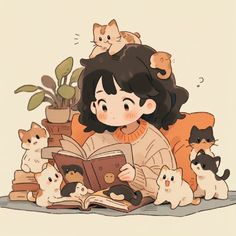 a girl reading a book surrounded by kittens