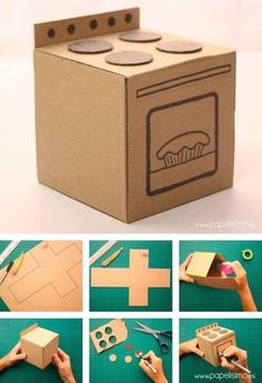 Clever Stuff You Can Make With Cardboard For Kids. Mini Cardboard Furniture, Cardboard Barbie Furniture, Kitchen Crafts For Kids, Barbie Doll Crafts Diy, Doll Kitchen Diy, Diy Mini Kitchen, Kitchen Cardboard, Diy From Cardboard, Carton House