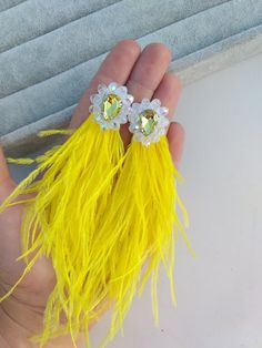 Yellow white earrings with ostrich feathers, yellow long tassel ostrich, yellow fluffy earrings, ostrich feather jewelry yellow earrings by MarineAccessories on Etsy Yellow Fringe Jewelry For Party, Yellow Fringe Tassel Earrings, Elegant Yellow Fringe Earrings, Elegant Yellow Tassel Earrings For Summer, Yellow Fringe Earrings For Summer, Elegant Yellow Tassel Earrings, Summer Party Earrings With Feathers, Feather Party Jewelry For Summer, Fluffy Earrings