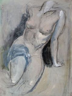 a drawing of a naked woman in grey and blue colors, with her arms behind her back