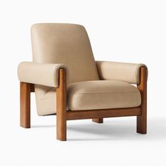 a beige leather chair with wooden legs and arm rests on an isolated white background,