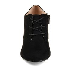 Step into a classic look with vintage inspired booties by Journee Collection. Soft faux suede uppers with top-stitched detail complement a lace-up style and tapered high heels. An inside zipper completes the design.Features: Comfort, LightweightClosure Type: ZipperShaft Circumference: 9 1/2 InchesBoot Shaft Height: 3 InchesShoe Heel Height: 3 1/4 InchesUpper/Outer Base Material: 100% PolyuretheneShoe Lining Material: SyntheticSole Material Content: 100% PolyurethaneToe Type: Round ToeHeel Style: Journee Collection, Leather Lace, Black Booties, Up Styles, Cute Black, Ankle Booties, Classic Looks, Faux Suede, Design Features