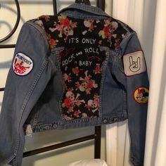 One Of A Kind. Denim Jacket! Amazing!!! Edgy Fitted Denim Biker Jacket, Trendy Cotton Biker Jacket For Spring, Fitted Denim Grunge Outerwear, Edgy Blue Denim Jacket With Pockets, Grunge Denim Jacket With Patches For Fall, Spring Grunge Denim Jacket With Patches, Edgy Blue Spring Outerwear, Edgy Blue Outerwear For Spring, Fitted Blue Denim Jacket With Patches