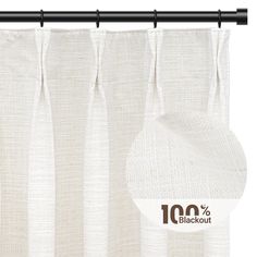 a white curtain with black metal rod ends and the word 100 % blackout printed on it