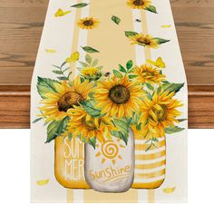 sunflowers in mason jars painted on a table runner